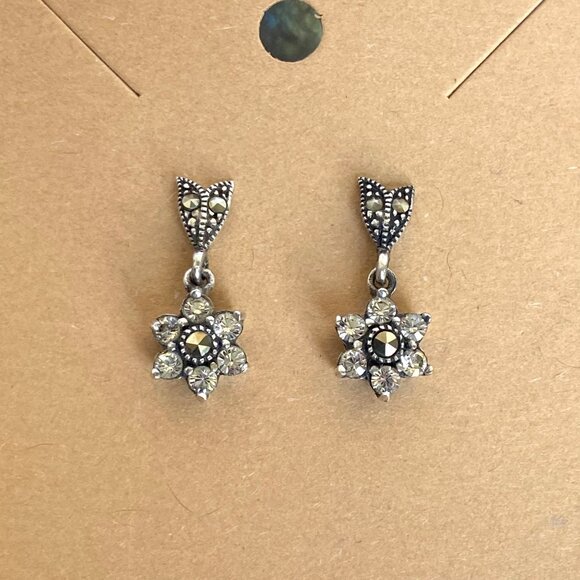 Sterling Silver 925 Cubic Zirconia & Marcasite Flower Dangle Stud Earrings - Picture 11 of 16